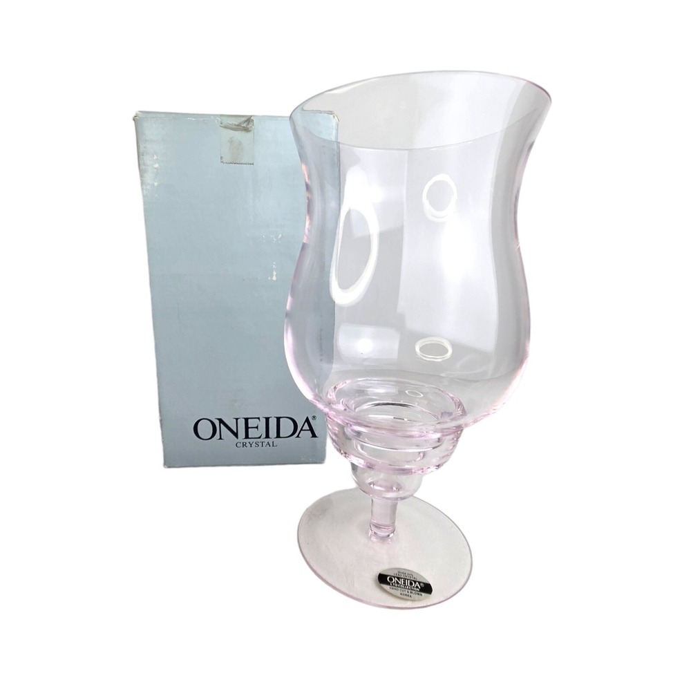 Vintage ONEIDA Pink Crystal‎ Hurricane Candle Holder Hand Cut Blown W Box Vase